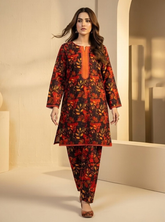 Midnight Flora 3-Piece Printed Lawn Suit – Black and Burnt Orange Co-ord Set with Dupatta