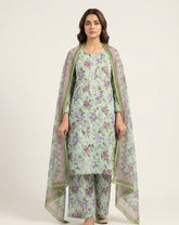 Pistachio and Mauve Floral 3-Piece Stitched Lawn Suit with Embroidered Front, Tassels, Matching Printed Trousers and Chiffon Dupatta