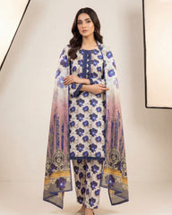 Azure Floral 3-Piece Stitched Summer Lawn Suit – Blue and White Co-ord Set with Lace Detailing